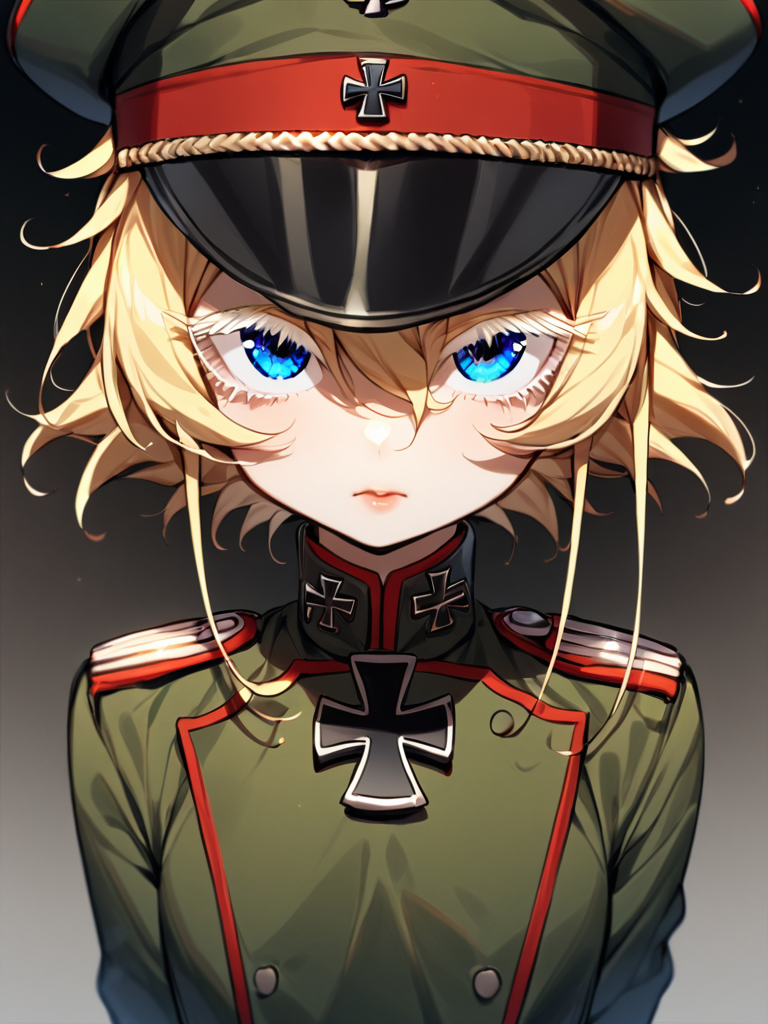 masterpiece,high resolution,
TanyaDegurechaff,tunic,  1girl, solo, looking at viewer, short hair, blue eyes, manga eyes, blonde hair, hat, hair between eyes, uniform, military, eyelashes, military uniform, cross, peaked cap, military hat, colored eyelashes, iron cross,
 <lora:tanya_XL:0.6>