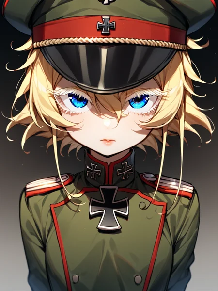 masterpiece,high resolution,
TanyaDegurechaff,tunic, 1girl, solo, looking at viewer, short hair, blue eyes, manga eyes, blonde hair, hat, hair between eyes, uniform, military, eyelashes, military uniform, cross, peaked cap, military hat, colored eyelashes, iron cross,
<lora:tanya_XL:0.6>