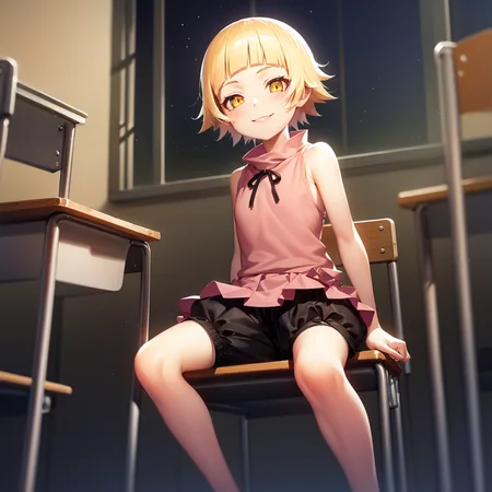 1girl, solo, oshino shinobu, kizu_short, blonde hair, short hair, yellow eyes, pink dress, (black shorts|bloomers), sitting, classroom, night, smile, looking at viewer <lora:char-shinobu-multi:1>