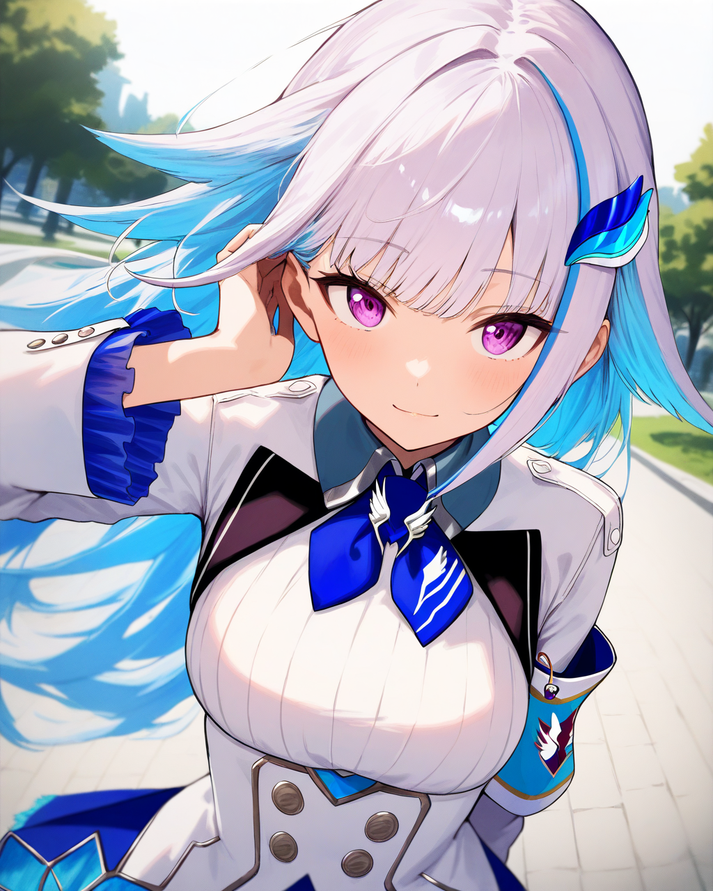 1girl,
LizeHelestaNijisanji,
LizeHelestaNijisanji1stCostume,
safe,
solo, perspective, dynamic angle, upper body,
long hair, hair ornament, hair flaps,
purple eyes, light smile,
adjusting hair,
white jacket, blue ascot, collared shirt, large breasts,
long sleeves, armband, safety pin,
wind, park,
depth of field,
<lora:kp_LizeHelestaNijisanjiAnimagineXL_v1_1:1.0>,
masterpiece, high score, great score, absurdres