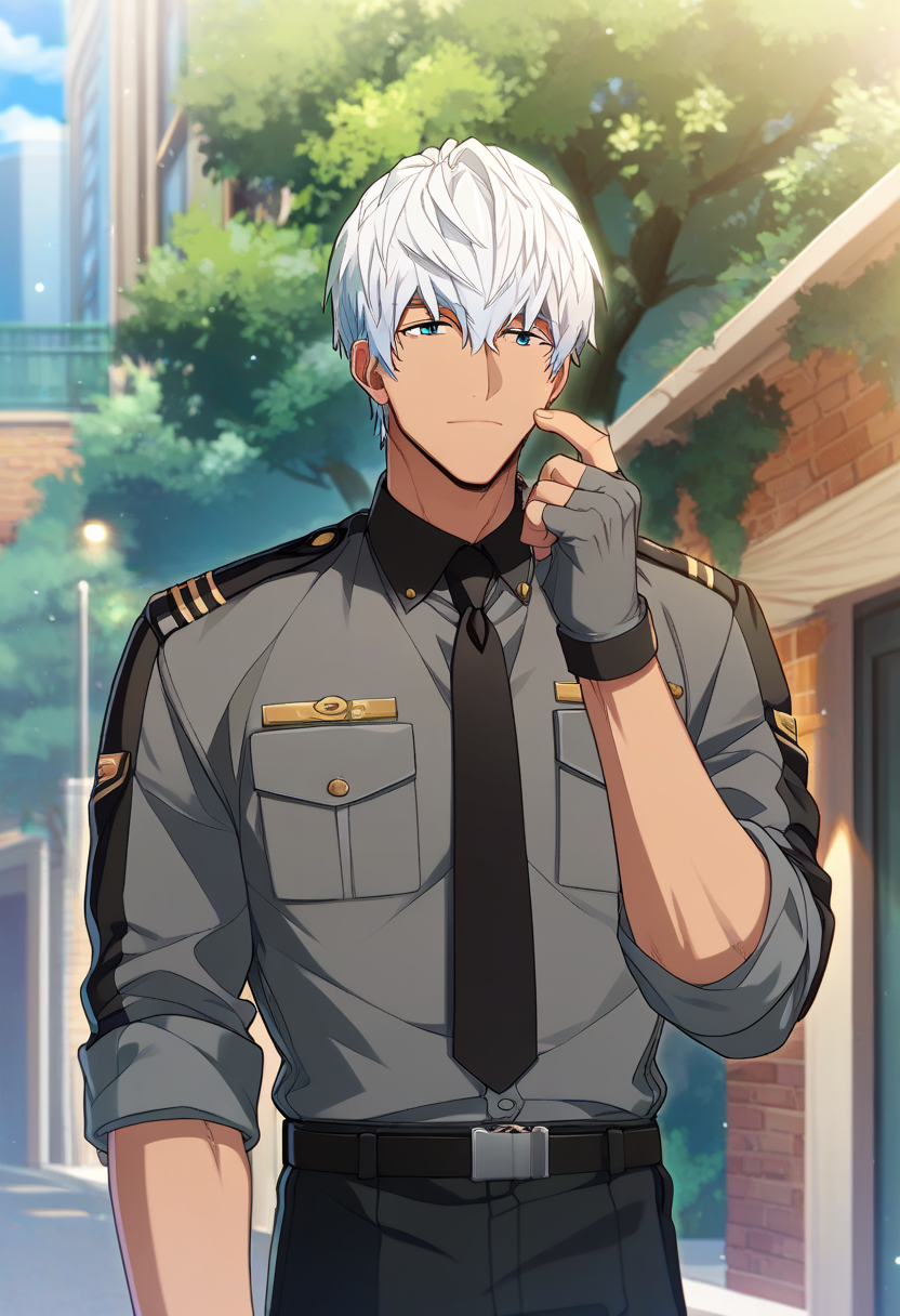 1boys, male focus,
 <lora:Character - Helios Rising Heroes - Oscar Bale:1> oscarbale, dark-skinned male, white hair, blue eyes, 
((zPDXL)), score_9_up, score_8_up, score_7_up, score_6_up, score_5_up, score_4_up, best quality, amazing quality, best aesthetic, absurdres, year2023, nsfw, game cg, official art, official style,
facing viewer, looking at viewer, outdoors, police uniform, grey shirt, black necktie, fingerless gloves, sleeves rolled up, expressionless,