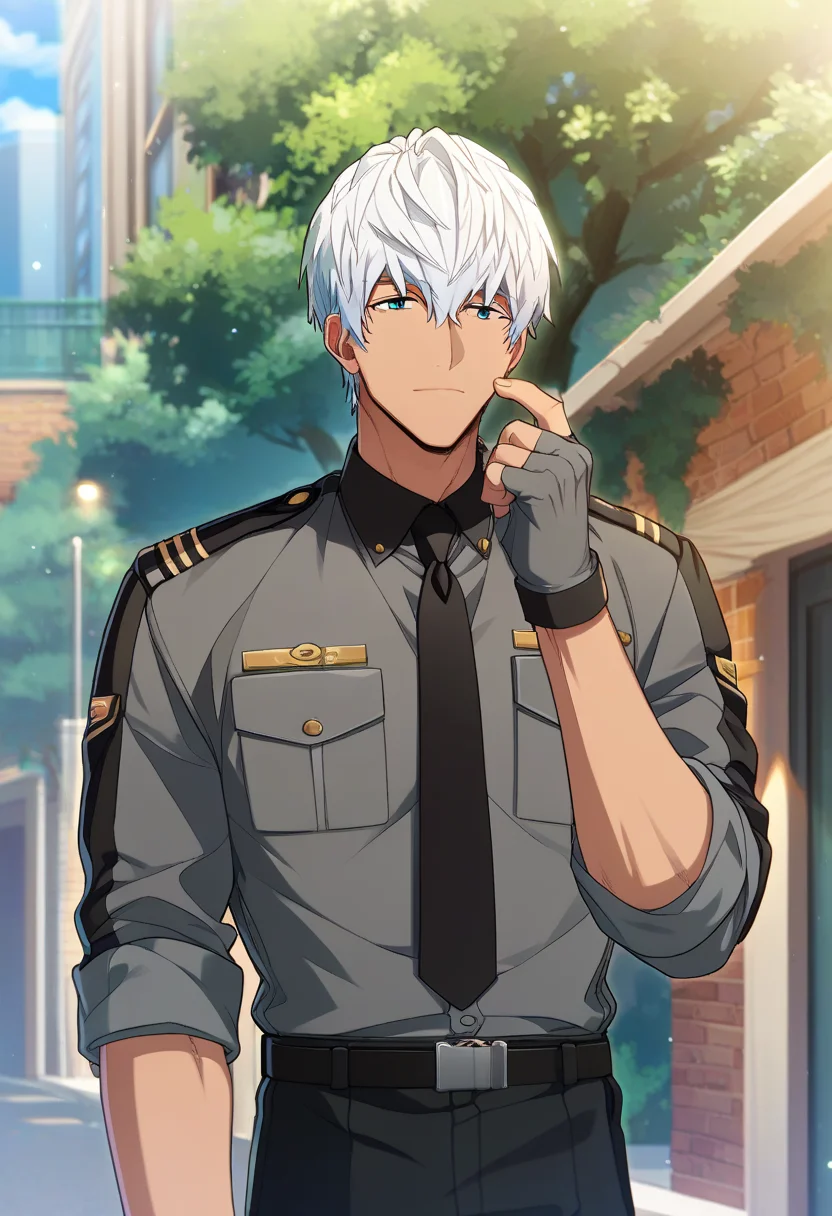 1boys, male focus,
<lora:Character - Helios Rising Heroes - Oscar Bale:1> oscarbale, dark-skinned male, white hair, blue eyes,
((zPDXL)), score_9_up, score_8_up, score_7_up, score_6_up, score_5_up, score_4_up, best quality, amazing quality, best aesthetic, absurdres, year2023, nsfw, game cg, official art, official style,
facing viewer, looking at viewer, outdoors, police uniform, grey shirt, black necktie, fingerless gloves, sleeves rolled up, expressionless,
