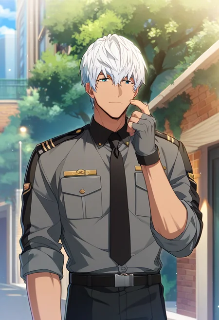 1boys, male focus,
<lora:Character - Helios Rising Heroes - Oscar Bale:1> oscarbale, dark-skinned male, white hair, blue eyes,
((zPDXL)), score_9_up, score_8_up, score_7_up, score_6_up, score_5_up, score_4_up, best quality, amazing quality, best aesthetic, absurdres, year2023, nsfw, game cg, official art, official style,
facing viewer, looking at viewer, outdoors, police uniform, grey shirt, black necktie, fingerless gloves, sleeves rolled up, expressionless,