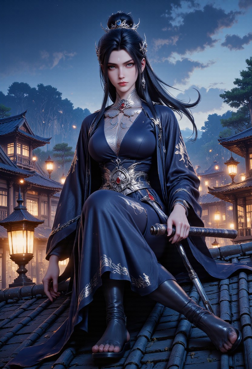 Masterpiece, ultra-detailed, cinematic fantasy art, Unreal Engine 5 render, perfect anatomy, Golden Award winner artpiece.
Generate an image of a fantasy kunoichi ninja girl, striking a dramatic pose atop a traditional Japanese-style rooftop. flowing black hair tied in a high ponytail with elegant bangs framing her face
1girl, lxqv1,
The background is a lantern-lit night, draped in a soft, swirling mist that reveals the faint silhouettes of distant pine trees and birds frozen in mid-flight. The atmosphere breathes an ethereal beauty, yet hums with a quiet, simmering tension — a perfect blend of serenity and unseen danger.
( cute, silent and deadly ninja )
OBxiaoxiang, G0thicL1nes, R3alisticF, MythR3tr0