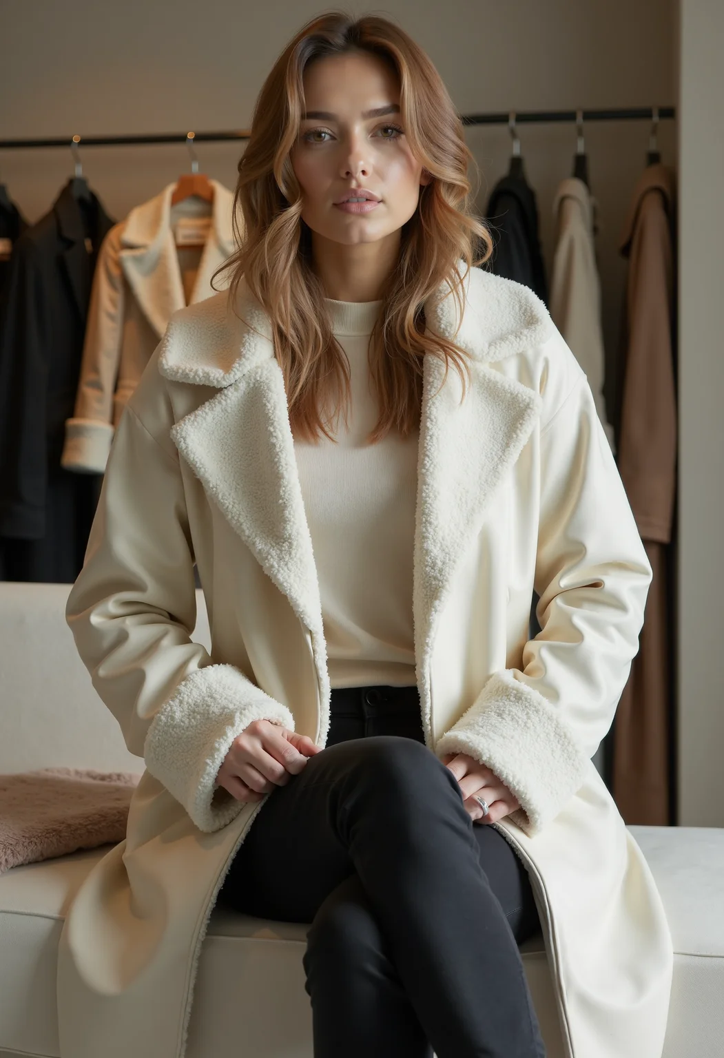 full body shot, beautiful woman, clo023, wearing a closed longline cream coat, shearling collar and cuffs, belted at the waist, sweater, black trousers, boots, sitting on a couch in a detailed fashion store,