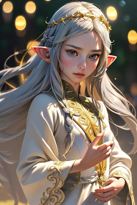 Portrait of a beautiful queen, 18yo, casting a spell, (small natural pointed ears:1.4), very long braided golden hair with silver highlights, gold circlet, (lips speaking a spell), large light grey eyes, joyful, medium breasts, (finely embroidered gossamer tunic and robe with stars design), random pose, outdoors, star filled sky, golden hour, professional hyperrealist art by Chuck Close, sharp focus, dramatic, award winning, dtx, (depth of field blurry background, blurry foreground, bokeh, (masterpiece), (extremely intricate:1.3), (hyperrealistic), HD