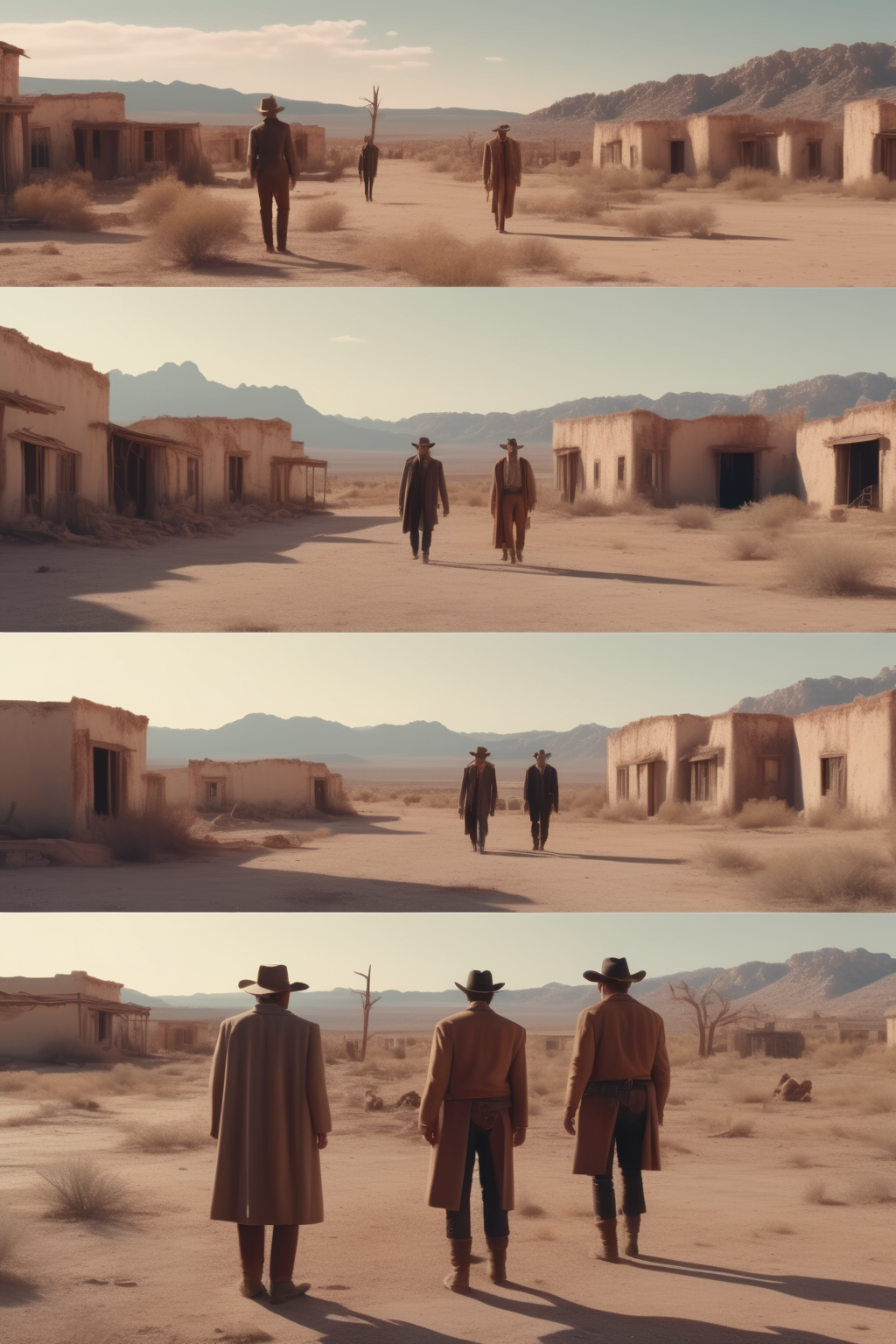 <lora:Director Coen Brothers style:1>Director Coen Brothers style - Shot of the townspeople looking at the 2 cowboys from a distance with suspicious expressions with a hyper-realistic touch, the scene is captured in stunning 8K cinematic photography, framing the haunting beauty of the abandoned village and desolate desert