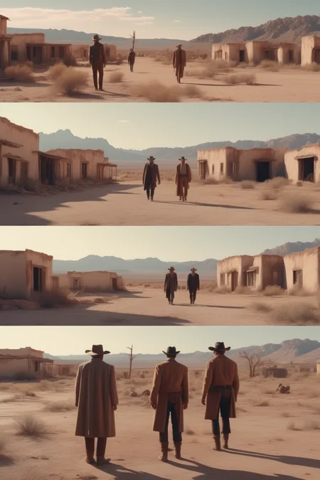 <lora:Director Coen Brothers style:1>Director Coen Brothers style - Shot of the townspeople looking at the 2 cowboys from a distance with suspicious expressions with a hyper-realistic touch, the scene is captured in stunning 8K cinematic photography, framing the haunting beauty of the abandoned village and desolate desert