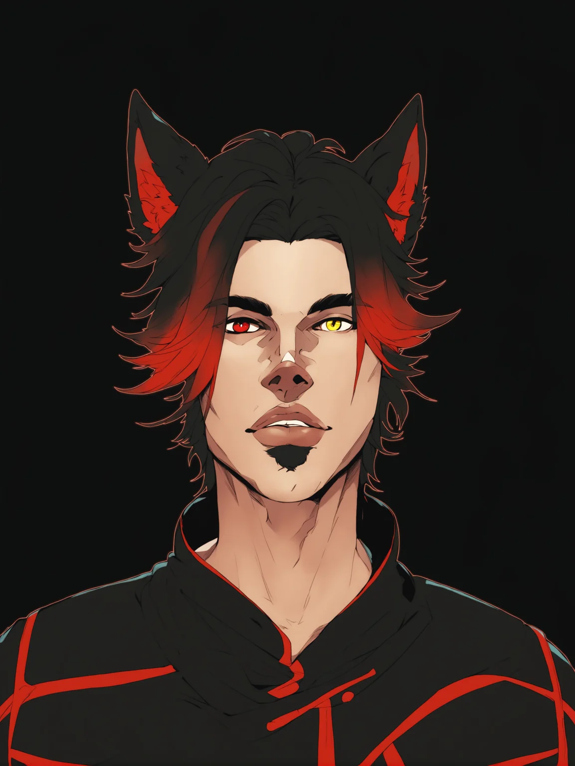 Duskfallcrew Art Style, masterpiece, official art, best quality, boy, male focus, solo, heterochromia, yellow eyes, red eyes, two tone hair, black hair, ombre hair, gradient hair, red hair, short hair, parted bangs, animal ears, cat ears, miqote, simple background, male focus, parted lips, lips, black background, looking at viewer, score_9_up, score_8_up, score_7_up, score_6_up, source_cartoon , <lora:dskart_ponyxl:1>