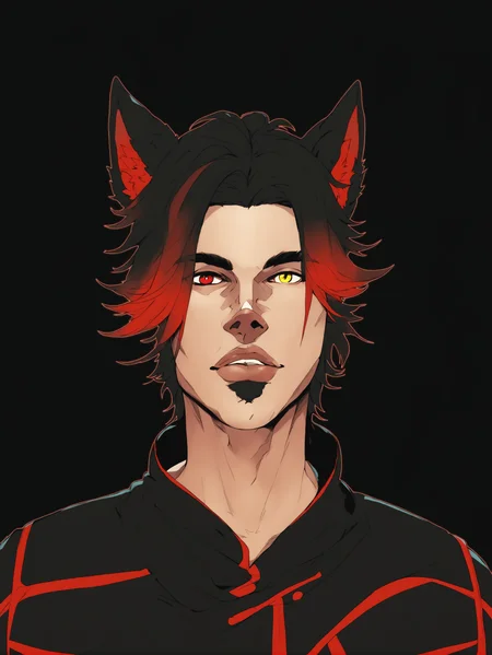 Duskfallcrew Art Style, masterpiece, official art, best quality, boy, male focus, solo, heterochromia, yellow eyes, red eyes, two tone hair, black hair, ombre hair, gradient hair, red hair, short hair, parted bangs, animal ears, cat ears, miqote, simple background, male focus, parted lips, lips, black background, looking at viewer, score_9_up, score_8_up, score_7_up, score_6_up, source_cartoon , <lora:dskart_ponyxl:1>