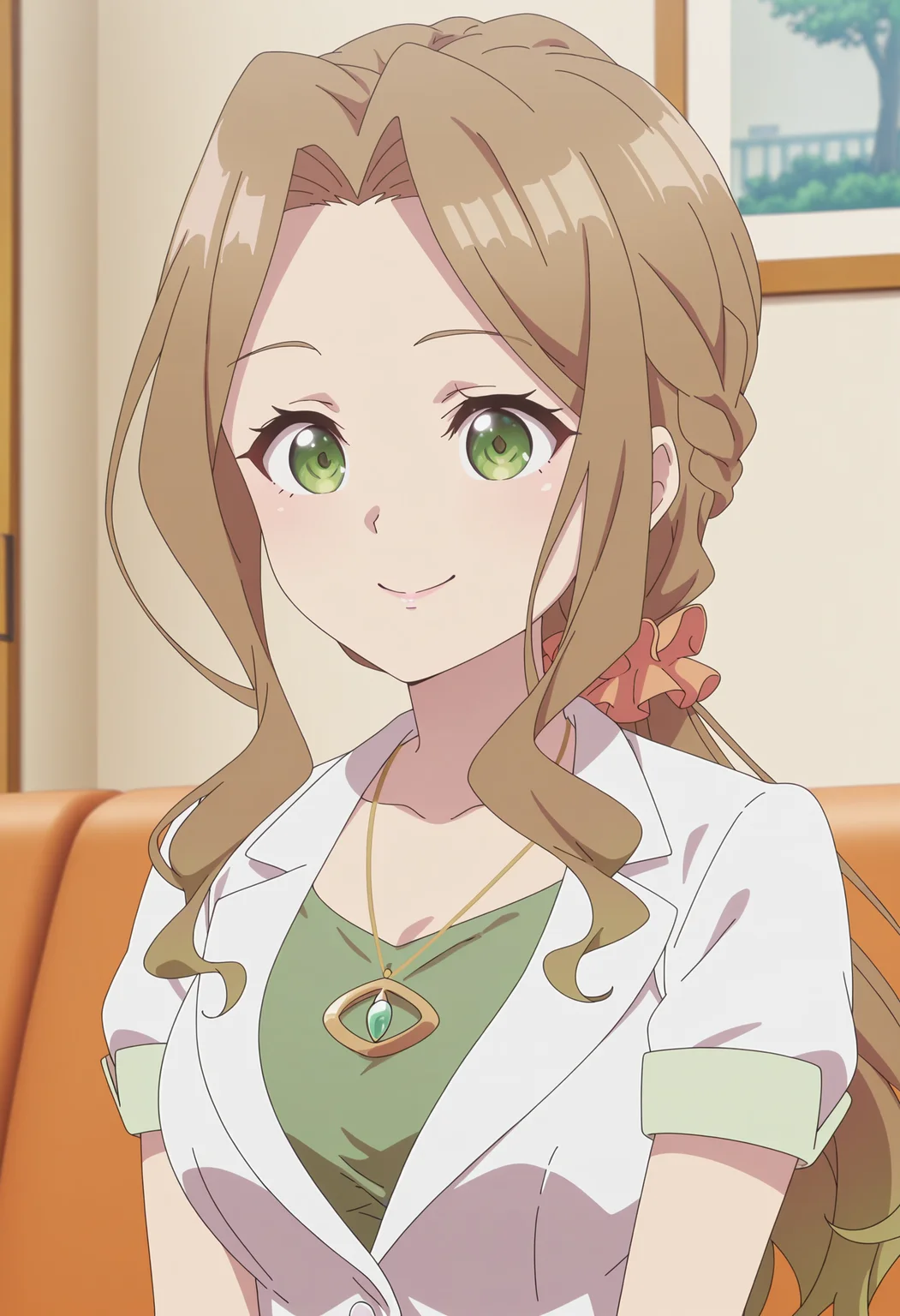 anime screencap, anime coloring,anime, best quality, 4k,
1girl, solo, keika k, hair scrunchie, necklace, short sleeve jacket, white jacket, green shirt, <lora:illustriousXL Keika Kiyotaki V1:1>
indoors, living room, upper body,
looking at viewer, smile