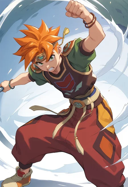 score_9, score_8_up, score_7_up,terranigmark, spiky orange hair, ((((pauldrons with faces on them)))), jeweled headband, print shirt, green sleeves, bracelets, belt with dangling straps, red baggy pants, shoes, (((action pose)))