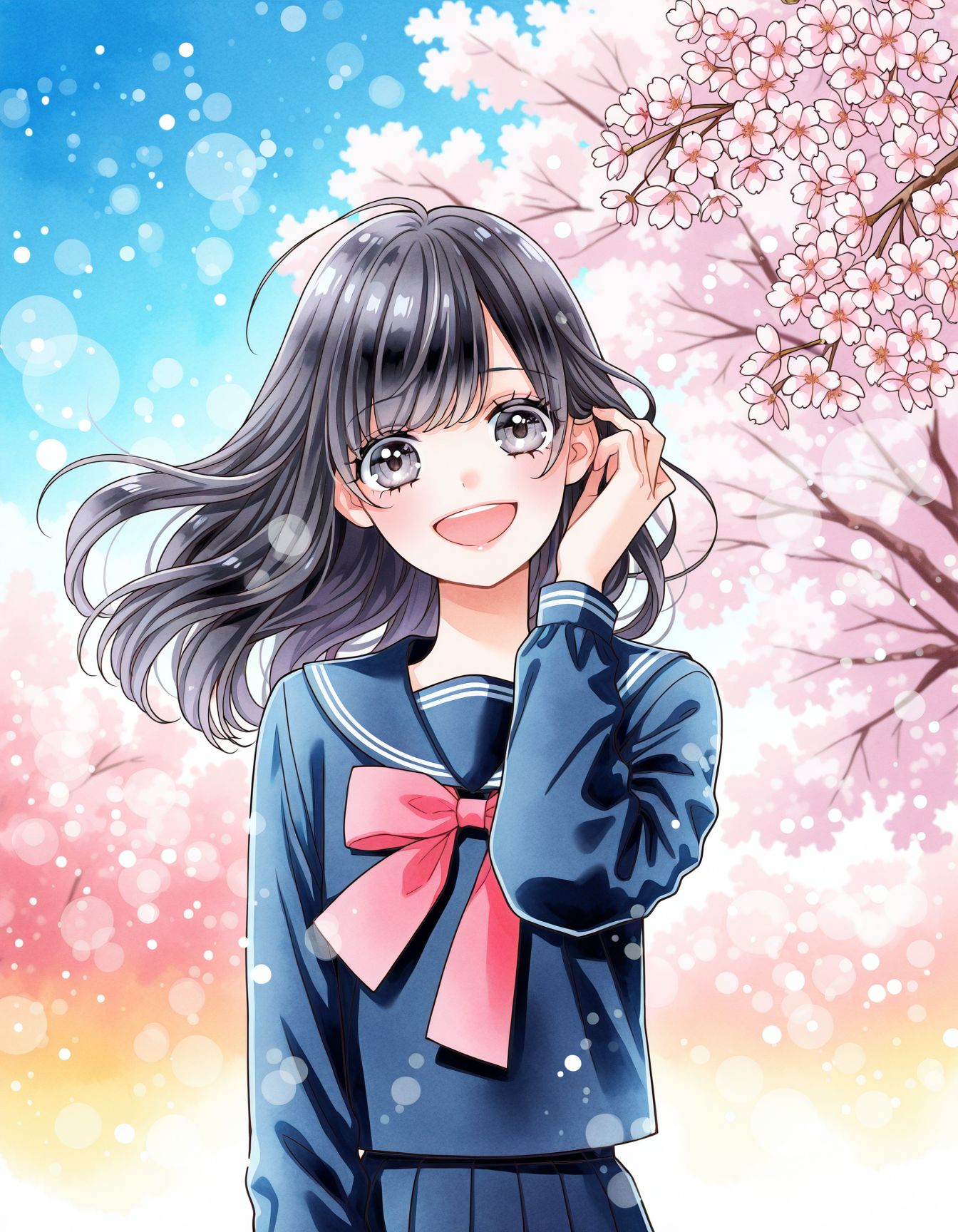 1girl,, cowboy shot,smile,long hair,black hair, school uniform, long sleeves, upper_body,looking at viewer, eyelashes, open mouth,outdoors,head tilt,watercolor \(medium\),floating hair,
cherry blossoms background,tucking hair,sky,bokeh,spring \(season\), 
<lora:nakayoshi_style:1>