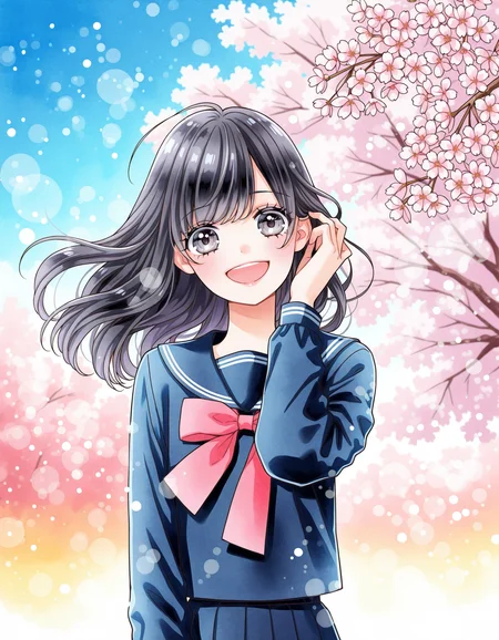 1girl,, cowboy shot,smile,long hair,black hair, school uniform, long sleeves, upper_body,looking at viewer, eyelashes, open mouth,outdoors,head tilt,watercolor \(medium\),floating hair,
cherry blossoms background,tucking hair,sky,bokeh,spring \(season\),
<lora:nakayoshi_style:1>