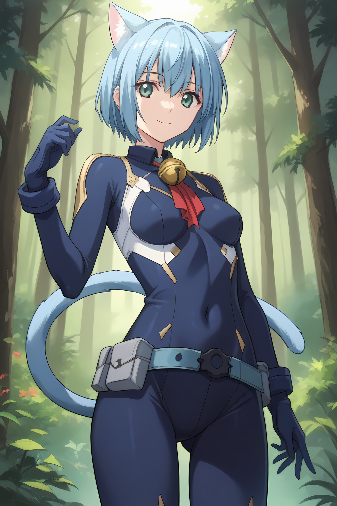 (blue bodysuit belt gloves:1.50), cpc-melwin, blue hair, short hair, hair between eyes, aqua eyes, cat ears, cat tail, neck bell, collar, 
medium breasts, 1girl, solo, skinny, (source_anime, score_9, score_8_up, score_8, score_7_up), score_7, score_6_up, score_6, score_5_up, score_5, 
(light smile:1.10),
(0.1:outdoors forest:1.30),
(straight-on:1.60), (feet:1.20),
<lora:cpc-melwin-V02-000003:0.70>