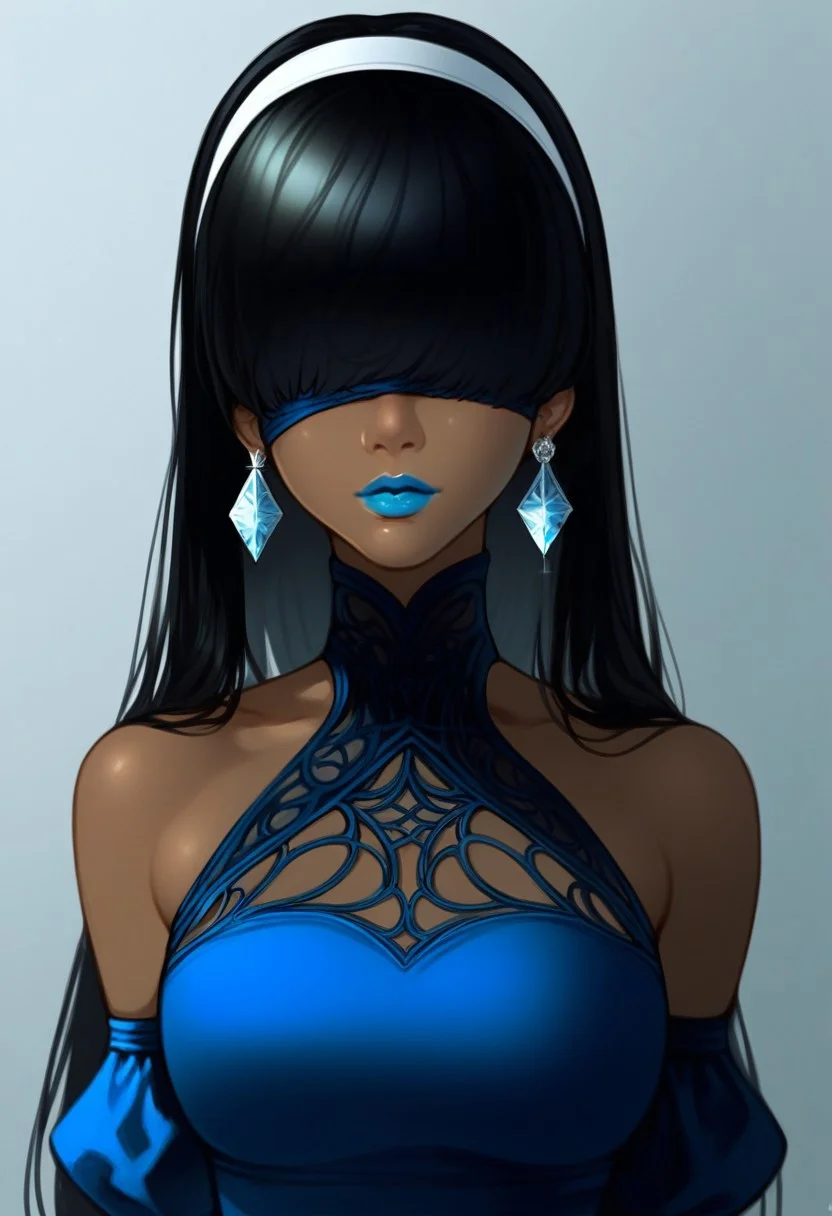 (((black hair))), long hair, (((bangs over eyes))), (((black blindfold))), 1girl, russian, Caucasian, (Cinematic Angle), ((best quality)), ((masterpiece)),
score_9,score_8_up,core_7_up,source_anime,1girl,,bangs,gloves,frills,1girl,twintails,hairband,non-web source,crystal earrings,black hairband,clothing request,bare shoulders,blue eyes,earrings,jewelry,solo,blue lips,character request,black hair,sidelocks,dark-skinned female,dark skin,long hair,upper body,looking at viewer,,blue dress,