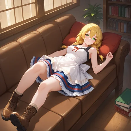 bookstore,ambient lighting,lying, on back, masterpiece, best quality, amazing quality, newest,1girl,<lora:witch_viola:1>,Witch_viola,blonde hair,braid,green eyes,twin blaid,long hair,hair between eyes,viola_outfit,dress,sleeveless,bare shoulders,boots,brown footwear,sleeveless dress,white dress,apron,cross-laced footwear,frills,knife