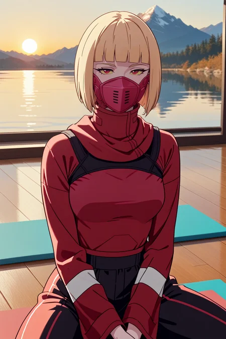 score_9, score_8_up, score_7_up, score_6_up
<lora:ERKiwi:1.0>
ERKiwi, 1girl, blonde hair, short hair, red eyes, colored sclera, blunt bangs, mouth mask, looking at viewer, sitting cross-legged on a yoga mat, meditating, sunrise over a mountain lake in the background, mist rising from the water, serene and focused atmosphere