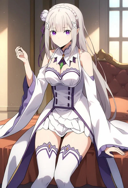 score_9, score_8_up, score_7_up, source_anime,
BREAK
1girl, solo, webtoonstyle,
<lora:shiHaeV1:1.0>,
looking at viewer, expressionless, beautiful eyes, detailed eyes, long eyelashes,
indoors, bed,
<lora:shiEmiliaV2:0.9> shimilia, long hair, grey hair, purple eyes, pointy ears, crown braid, hair flower, hair ribbon, purple ribbon, x hair ornament, white dress, cleavage, bare shoulders, wide sleeves, white thighhighs, thigh boots,