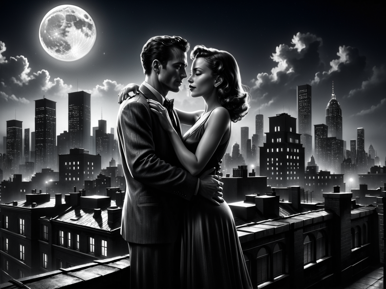 man and woman embracing, rooftop, cityskyline in the background, 1940, noir, night, moon<lora:Sin_City_Movie_Style_SDXL:0.8> mad-sincity, (masterpiece:1.2), best quality, (hyperdetailed, highest detailed:1.2), high resolution textures