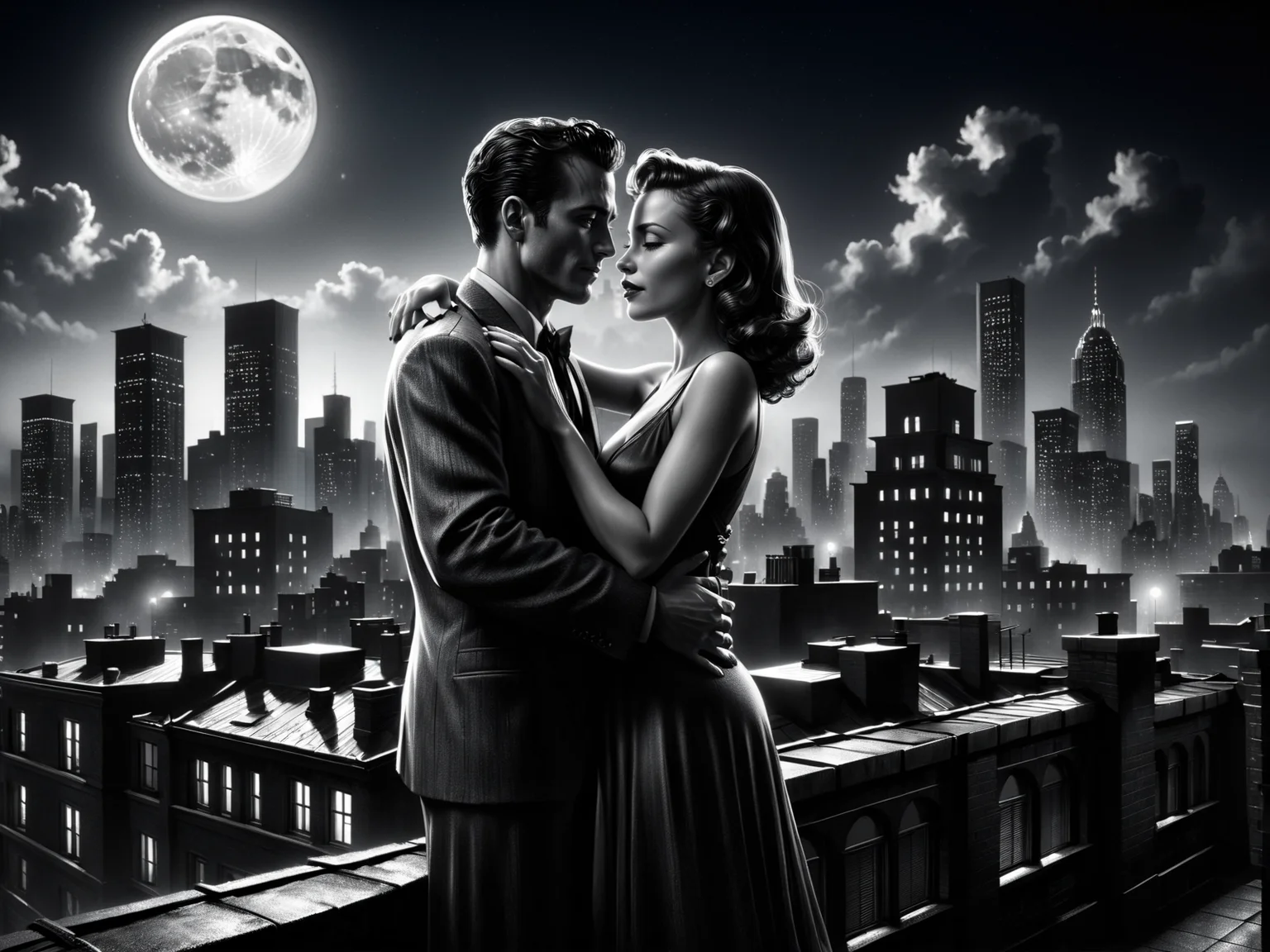 man and woman embracing, rooftop, cityskyline in the background, 1940, noir, night, moon<lora:Sin_City_Movie_Style_SDXL:0.8> mad-sincity, (masterpiece:1.2), best quality, (hyperdetailed, highest detailed:1.2), high resolution textures