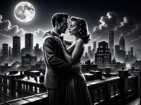 man and woman embracing, rooftop, cityskyline in the background, 1940, noir, night, moon<lora:Sin_City_Movie_Style_SDXL:0.8> mad-sincity, (masterpiece:1.2), best quality, (hyperdetailed, highest detailed:1.2), high resolution textures