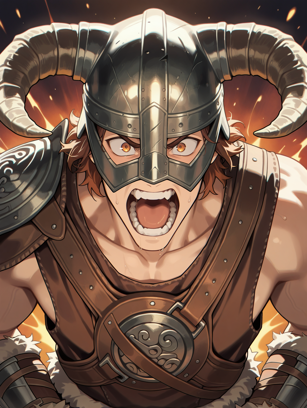 dovahkiin armor, 1boy, solo, male focus, open mouth, brown hair, horned helmet, brown gauntlets, teeth, upper body
masterpiece,best quality,amazing quality,very aesthetic,absurdres,newest,<lora:Dovahkiin illuXL v1:0.78>,