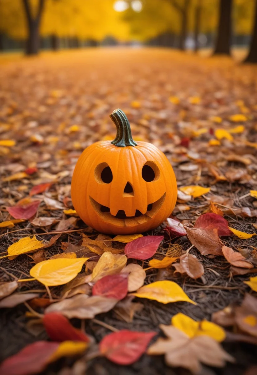 Masterpiece, professional macro photograph, low angle, view from ground, close-up of jack-o-lantern, autumn theme, fall scene, Halloween, falling leaves, red leaves, yellow leaves, orange leaves, brown leaves, vibrant colors, bokeh, sharp focus, shallow focus, highly detailed,