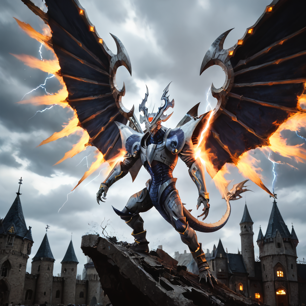 score_9, score_8_up, score_7_up, score_6_up, score_5_up, score_4_up, rating_safe,photo,realistic,cinematic,DLSR,film grain, zPDXLrl,solo,no humans,dragon focus,dorugoramon,wings,horns,cropped,upper body,miasma,darkness aura,glowing yellow eyes,red forehead gem,cloudy sky,lightning storm,castle,destroyed builging,lightning strike,flying,spread wings, <lora:DORUgoramonPony:0.97>