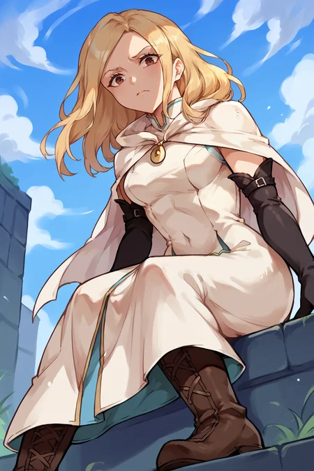 score_9, score_8_up, score_7_up, score_6_up, source_anime BREAK 1girl, solo <lora:ophilia-pdxl-nvwls-v1-000005:1> ophilia, blonde hair, long hair, brown eyes, white cape, white dress, long dress, black elbow gloves, boots, sitting, from below, whole body, blue sky, looking at you, forced perspective
