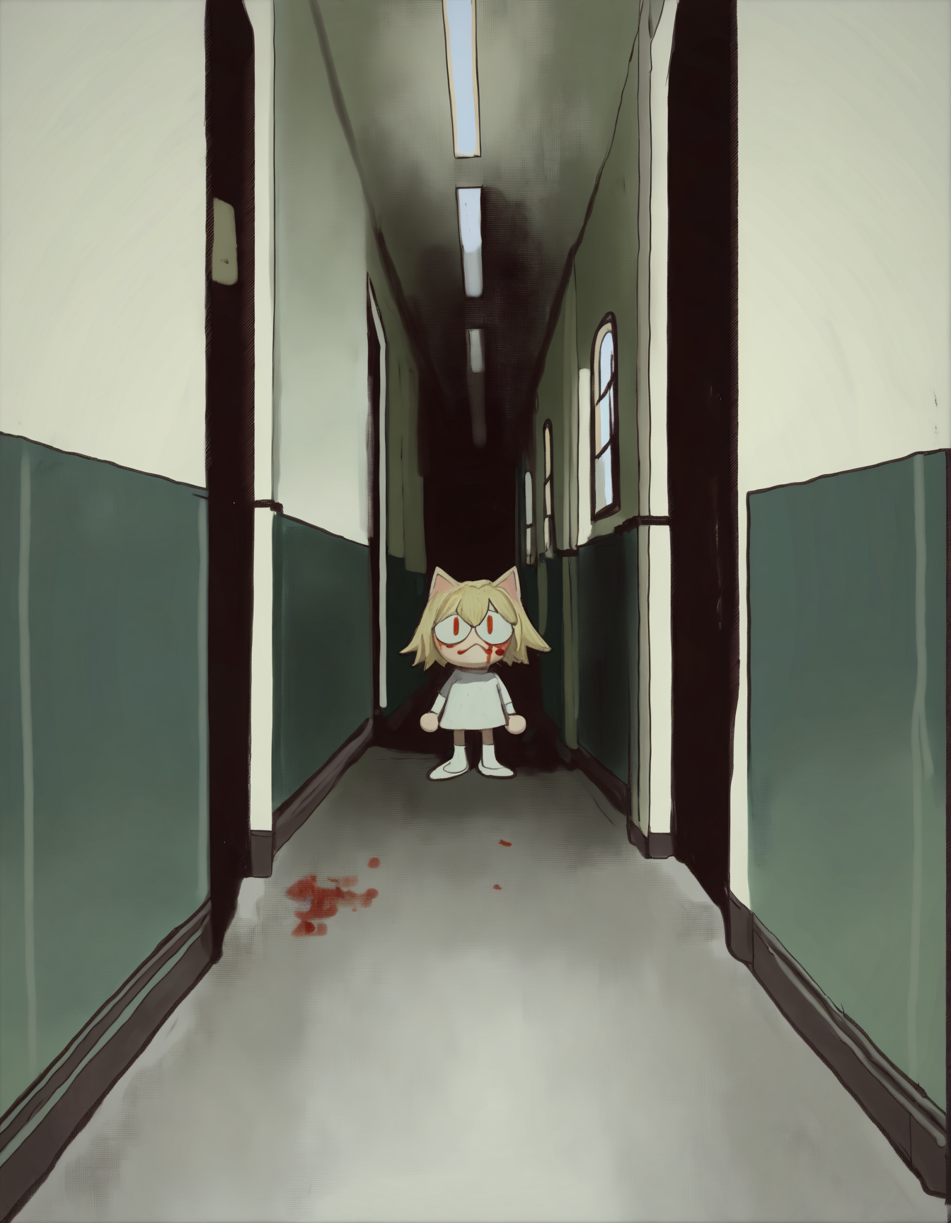 mossacannibalis,  1girl, solo, neco-arc, chibi, blood on face, darkness, horror \(theme\),  hallway, standing, looking at viewer,     masterpiece, best quality, very aesthetic, absurdres