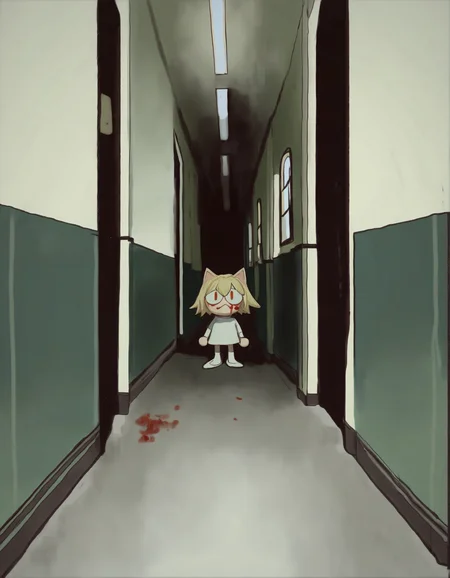 mossacannibalis, 1girl, solo, neco-arc, chibi, blood on face, darkness, horror \(theme\), hallway, standing, looking at viewer, masterpiece, best quality, very aesthetic, absurdres
