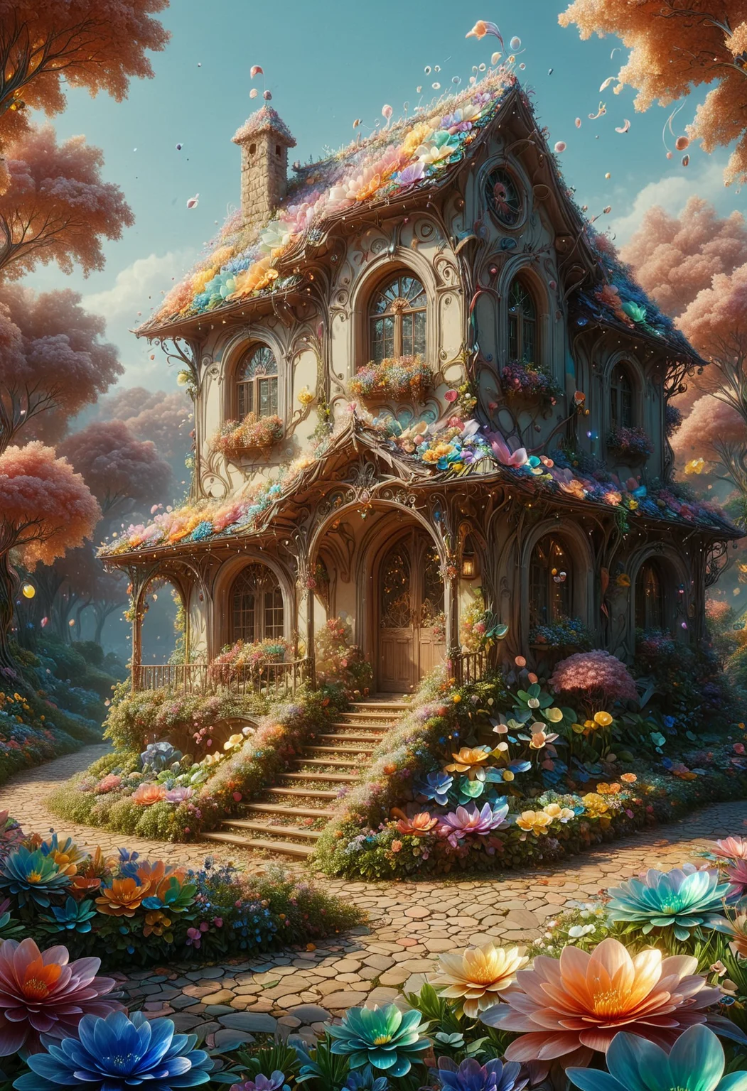 by Studio Ghibli, Game art, Color splash, Cinematic still, Mesmeric Singaporean (Ranch house:1.2), smooth, Sharp and in focus, whimsical, imaginative, heartwarming, made out of iridescent flower petals, <lora:PinkieIriFlwrsSDXL-v1:1>, p1nk1r1fl0wers,detailed, glowing, confident, cinematic light, intense, fine polished
