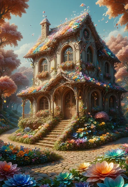 by Studio Ghibli, Game art, Color splash, Cinematic still, Mesmeric Singaporean (Ranch house:1.2), smooth, Sharp and in focus, whimsical, imaginative, heartwarming, made out of iridescent flower petals, <lora:PinkieIriFlwrsSDXL-v1:1>, p1nk1r1fl0wers,detailed, glowing, confident, cinematic light, intense, fine polished