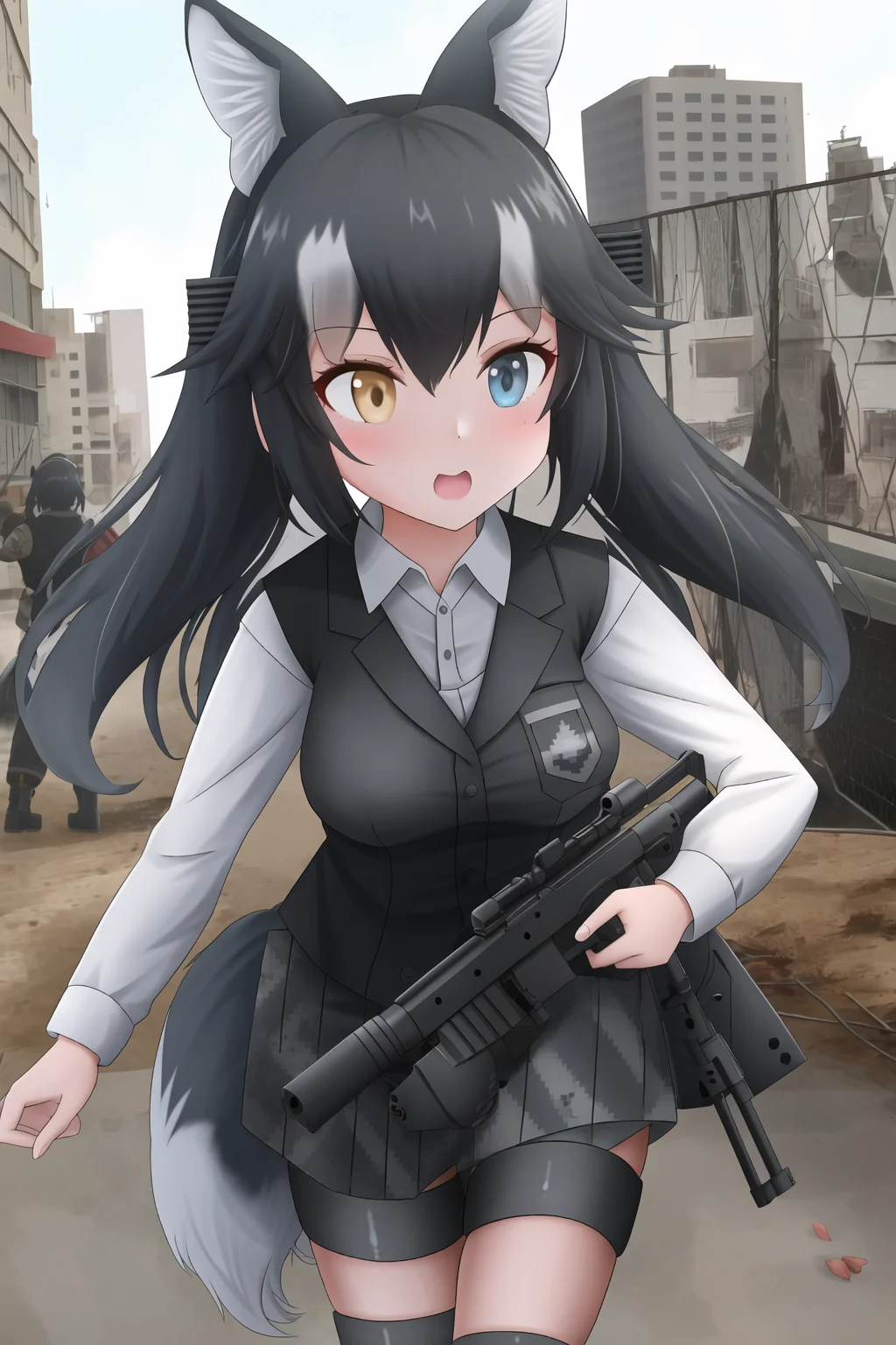1girl, dark hair, heterochromia, kemono friends, ruined city, assault rifle, animal ears, wolf tail, blue eye, yellow eye, ((soldier uniform)), black clothes, military uniform, ((armor vest)), special forces