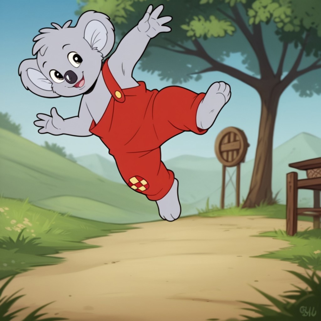 score_9, score_8_up, score_7_up, score_6_up, score_5_up, score_4_up, source_furry, Blinkybb, semi-anthro, male, Koala, grey fur, red overalls, standing on one leg, outside