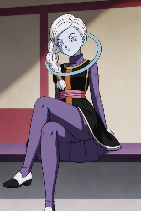 source_anime, score_9, score_8_up, score_7_up, anime screencap,8k, absurd res,
kusu \(dragon ball\), braid, single braid, side ponytail, long hair, purple eyes, white hair, blue skin, colored skin,
black dress, sleeveless dress, print dress, gold trim, purple topwear, long sleeves, undershirt, turtleneck, red sash, underskirt, long skirt, purple skirt, pantyhose, purple legwear, shoes, two tone shoes, black footwear, white footwear,
sitting on a chair, crossed legs, from below, looking at viewer, indoors, shoe soles,
<lora:kusu_pony_v1:0.8>