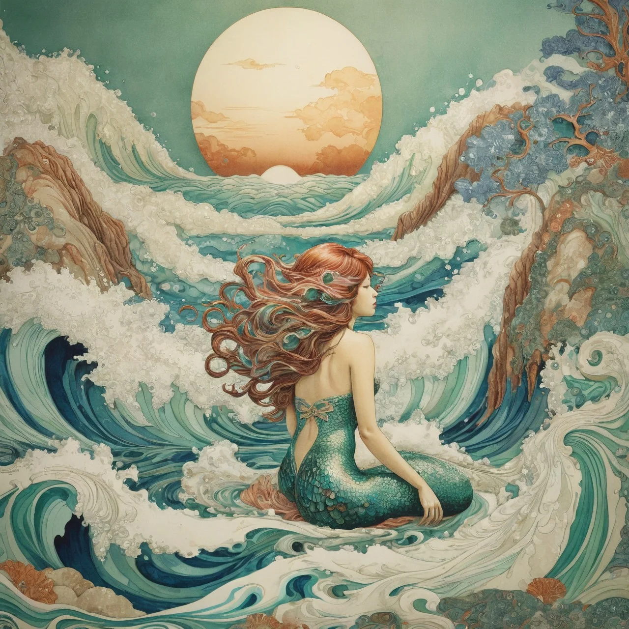 Art Nouveau xlmrblng36-500, analog realistic colour photo of a Japanese mermaid sitting on a rock in the midst of crashing waves, very detailed