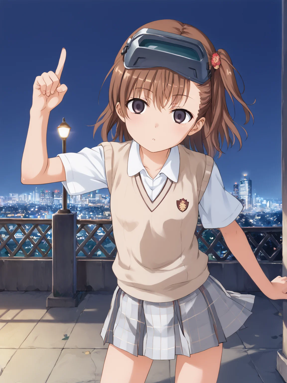 solo, <lora:misaka_imouto:1> misaka imouto, 1girl, small chest,, score_9, source_anime, score_8, , posing, (detailed:1.3), <lora:pony_good_hands:1> good_hands, 5fingers, outside, city, night, tokiwadai school uniform, imouto visor on head, empty eyes, general, pointing finger on viewer