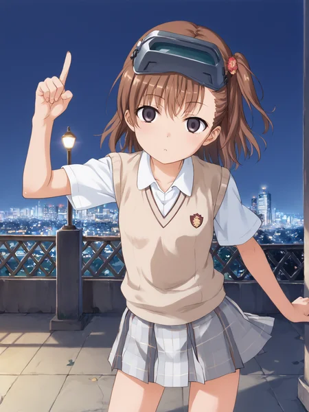 solo, <lora:misaka_imouto:1> misaka imouto, 1girl, small chest,, score_9, source_anime, score_8, , posing, (detailed:1.3), <lora:pony_good_hands:1> good_hands, 5fingers, outside, city, night, tokiwadai school uniform, imouto visor on head, empty eyes, general, pointing finger on viewer