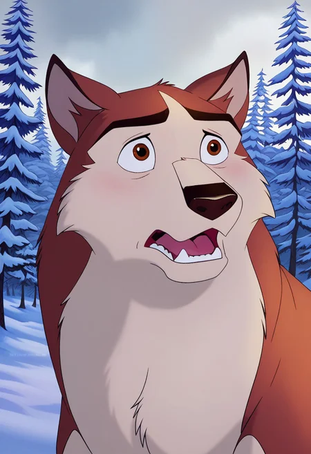 score_9, score_8_up, score_7_up, Kodiak, husky, feral, solo, 1boy, best quality, hi res, perfect eyes, eyes focus, dark brown eyes, muscular, (shading), soft shading, forest, stormy, winter, snow, high res, ultra quality, highly detailed, detailed background, Expressive, teeth, scared face expression