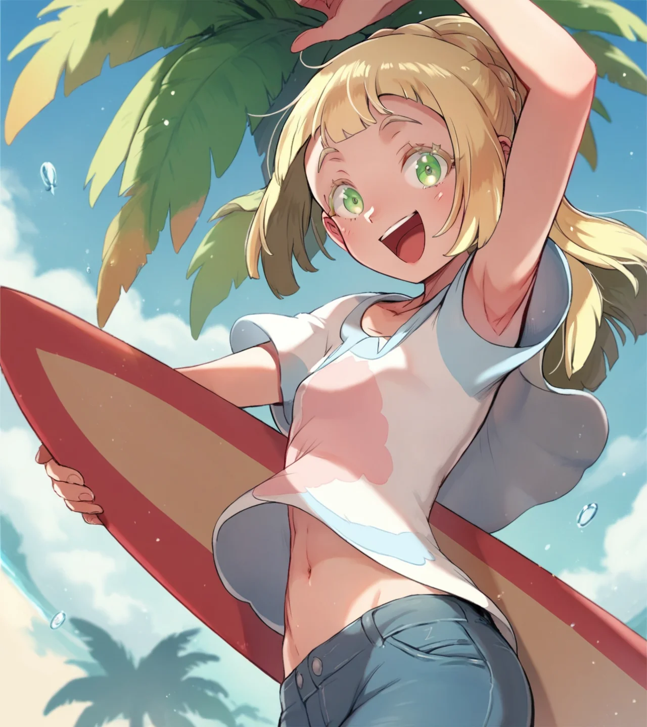 lillie \(pokemon\), green eyes, 1girl, t-shirt, jeans, tropical village, houses, surfboard, happy, looking at viewer
BREAK
score_9, score_8_up, score_7_up, score_6_up, source_anime, <lora:TER_Pony_1.1-000020:1>