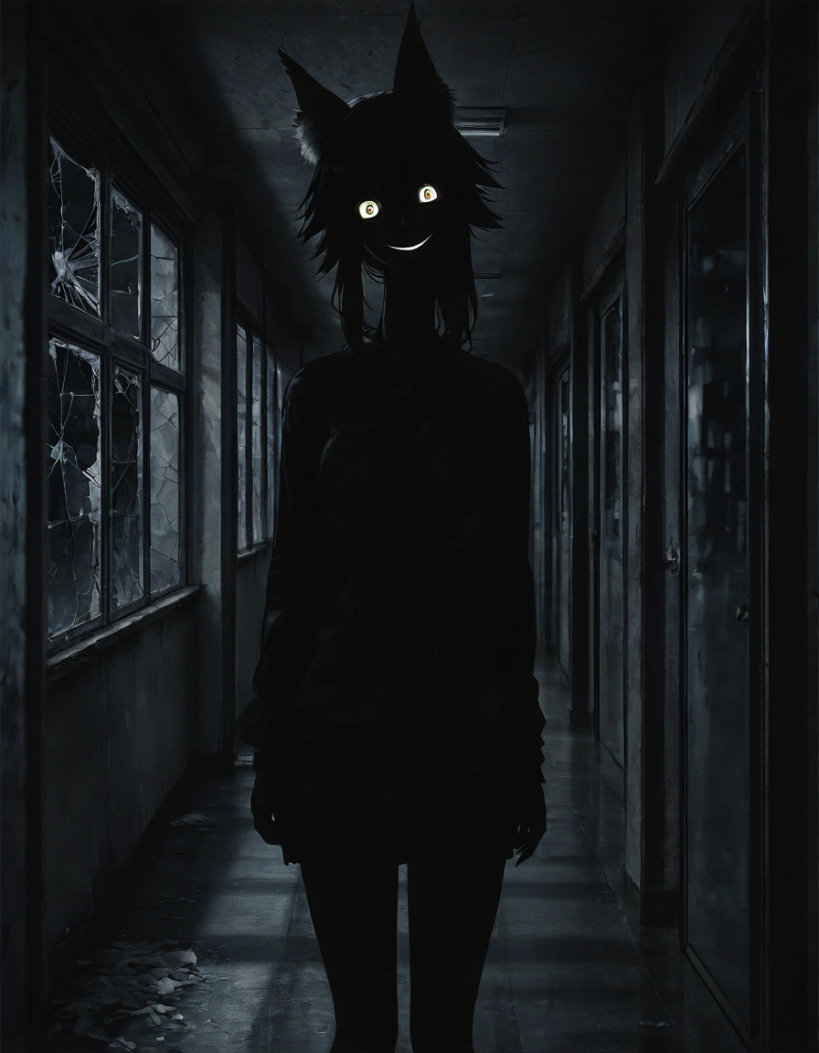 <lora:illustriousXLv01_stabilizer_v1.181c:0.6>1girl,tamamo \(fate\),cowboy shot,glowing eyes,looking at viewer,very dark room,shadow,creepy face,long neck,head tilt,windows,hallway,night,masterpiece,broken window,