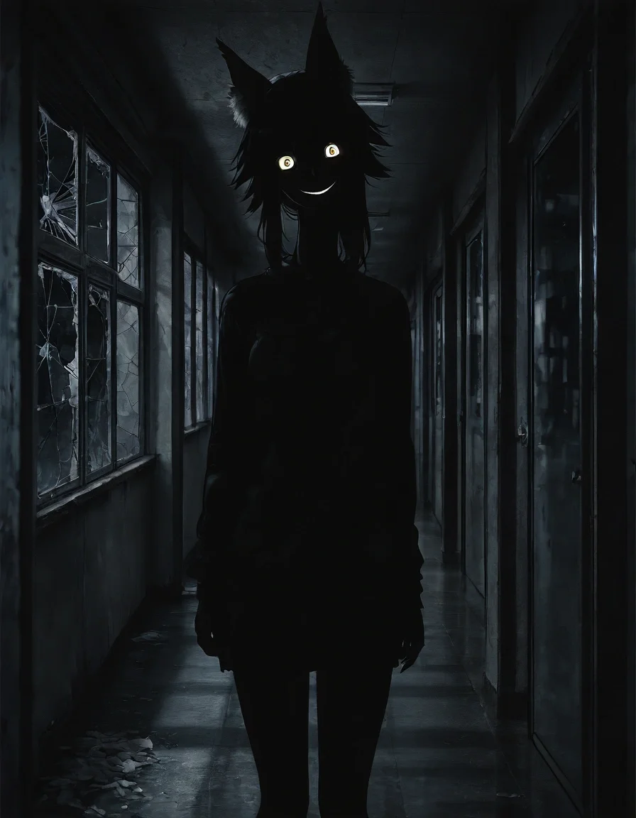 <lora:illustriousXLv01_stabilizer_v1.181c:0.6>1girl,tamamo \(fate\),cowboy shot,glowing eyes,looking at viewer,very dark room,shadow,creepy face,long neck,head tilt,windows,hallway,night,masterpiece,broken window,