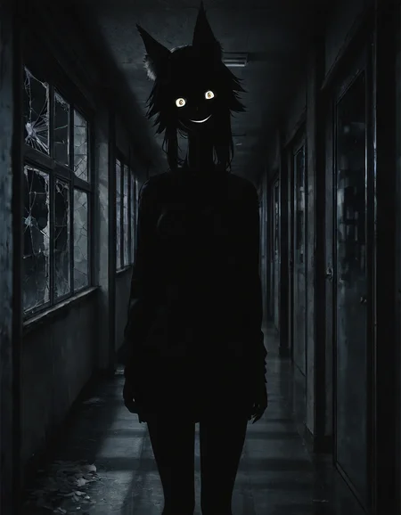 <lora:illustriousXLv01_stabilizer_v1.181c:0.6>1girl,tamamo \(fate\),cowboy shot,glowing eyes,looking at viewer,very dark room,shadow,creepy face,long neck,head tilt,windows,hallway,night,masterpiece,broken window,