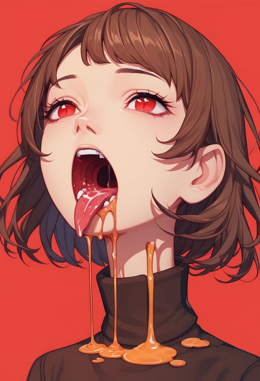 did vaporwave style, 1girl, red background, solo, brown hair, short hair, open mouth, red eyes, simple background, tongue, eyelashes, teeth, liquid, dripping, tongue out, portrait, turtleneck,  zPDXL2