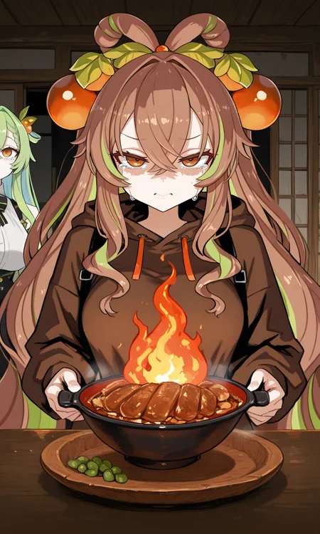 masterpiece,best quality,absurdres,very aesthetic,very awa,highres,newest,year 2024,year 2023,<lora:xmc_v0.3_noobai_cwhj_946906:0.8>,<lora:illustrious_best_quality_v1_1021798:0.8>,<lora:add-detail-xl:0.9>,<lora:Periru_Vtuber_1503428:0.7>,PeriruILXL,virtual youtuber,multicolored hair,brown hair,green hair,hair ornament,food-themed hair ornament,brown eyes,hair between eyes,very long hair,
Anime style by artist Asanagi,featuring outstanding quality. The scene depicts two girls,one in tears as she holds a lifeless body,illustrating the horrors of war amidst flames.,