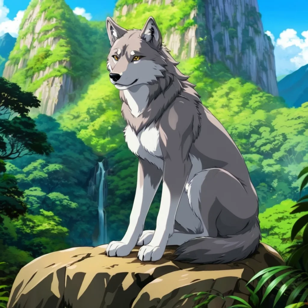 anime artwork of <lora:anime manga girl style:1.2>
a painting of a Anthropomorphism female wolf sitting on a rock with a perfect naked body inside forest jungle with large mountains in background anime manga girl style, anime style, key visual, vibrant, studio anime, highly detailed