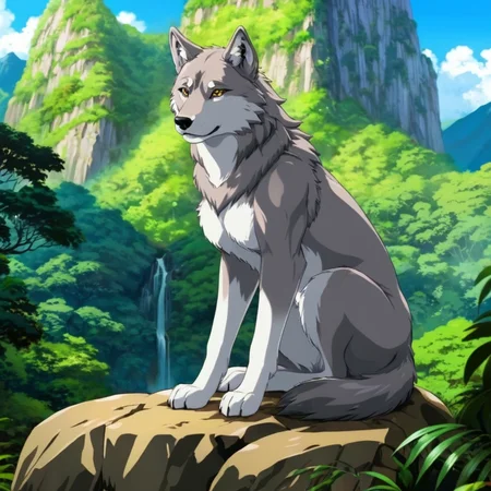 anime artwork of <lora:anime manga girl style:1.2>
a painting of a Anthropomorphism female wolf sitting on a rock with a perfect naked body inside forest jungle with large mountains in background anime manga girl style, anime style, key visual, vibrant, studio anime, highly detailed