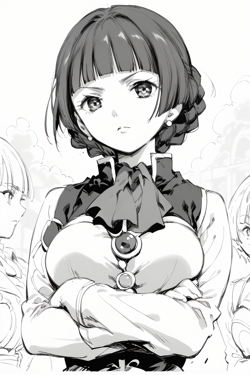 score_9, score_8_up, score_7_up, score_6_up,
  <lora:Mamiina:1> mamiina, greyscale, 1girl, monochrome, jewelry, earrings, braid, crossed arms, short hair, brooch, blunt bangs, bow, breasts, bangs, upper body, long sleeves, looking at viewer, sibylla, sketch
 <lora:Kubikiri:1> kubikiri